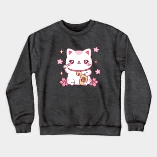 Cute Maneki Neko Japan Good Luck Cat And Flowers Crewneck Sweatshirt